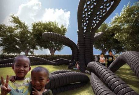 Pneumatici riciclati danno vita a parco giochi per bambini rifugiati
